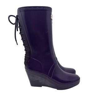 Hunter Womens Purple Lace-Up Rubber Wedge Rain Boots Size 8